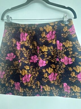 Leith Black Mini Skirt with Pink & Gold Floral Jacquard